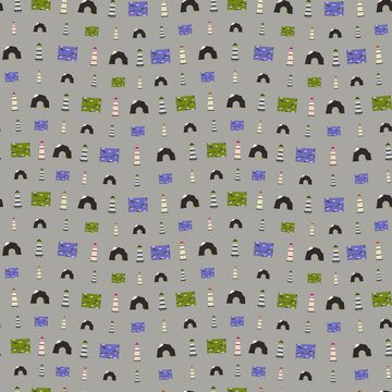 Seamless pattern with lighthouses, caves, and brick walls