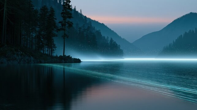 Calm mountain lake at twilight whose still surface reflects a faint glowing grid of data lines, with a shallow depth of field