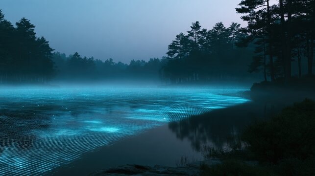 Calm mountain lake at twilight whose still surface reflects a faint glowing grid of data lines, with generous copy space
