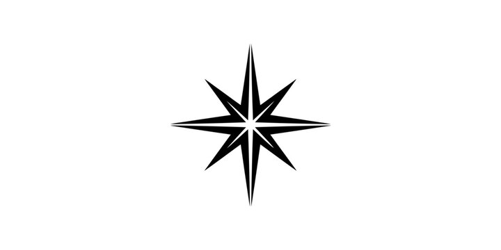 Minimalist eight pointed black star icon isolated on a white background, classic nautical compass rose symbol for navigation and direction, geometric octagram element for graphic design projects.