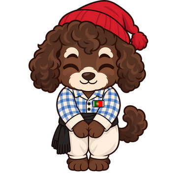 Cute Portuguese water dog boy in fisherman outfit with flag badge