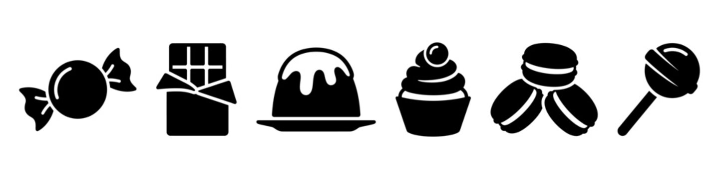 Christmas sweet treat silhouette icons collection containing candy chocolate pudding cupcake macaron and lollipop.