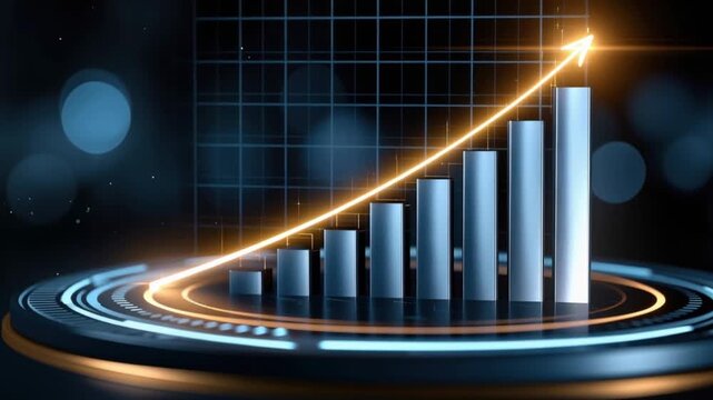 A futuristic bar chart with an upward trending arrow shows the concept of financial growth and business success in a digital world. ..Created with Generative AI, not depicting real subjects.