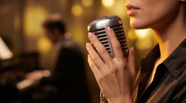 Close-up of a woman's hand resting on a vintage microphone near her lips