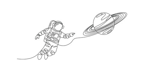 Continuous line drawing of an astronaut floating in space reaching for the planet saturn © Champa Rani