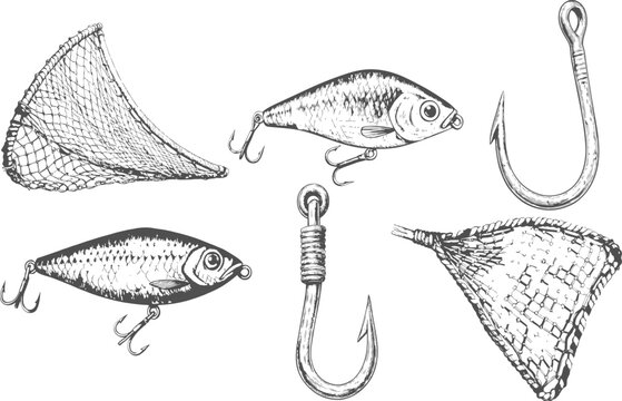 Monochrome vintage fishing gear collection featuring fish, fishing net, fishing hook and fishing landing net, hand-drawn engraving vector set for angler sport, hobby and recreation