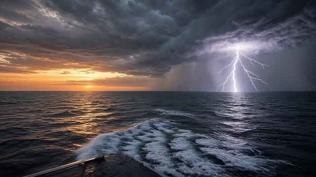 Dramatic Thunderstorm Over Ocean at Sunset with Lightning Illuminating Dark Clouds