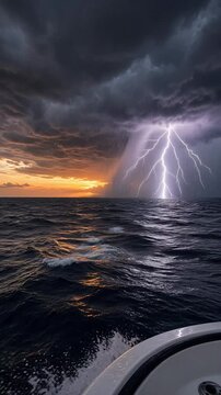 Dramatic Thunderstorm with Lightning Illuminating Dark Ocean Waters at Sunset
