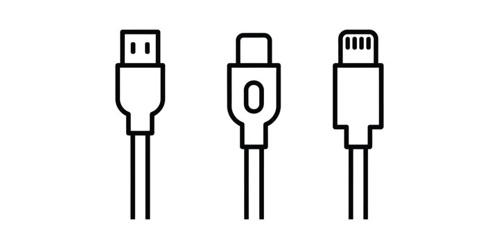 Set of three black line icons showing different types of electronic charger cables and connectors including usb and lightning plugs