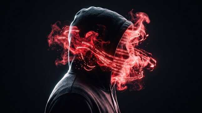 Hacker in Black Hoodie with Red Glowing Smoke Effect Face