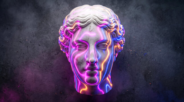 Classic Greek Bust Statue with Colorful Neon Light Wave Projection