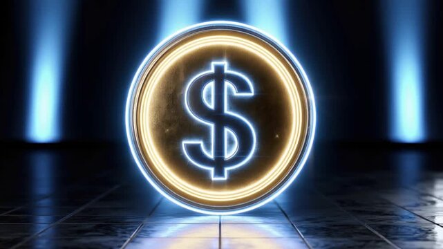 A glowing neon dollar sign coin illuminated by dramatic blue spotlights, set against a dark, textured surface. ..Created with Generative AI, not depicting real subjects.