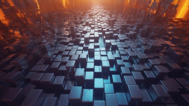 Abstract Landscape of Shiny Glossy Cubes with Realistic 3D Digital Render