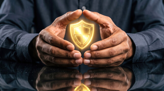 Hands Protecting Glowing Golden Shield Icon on Reflective Table