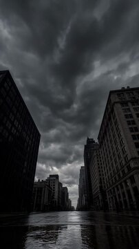 Dramatic Urban Scene with Stormy Skies Reflected in a Flooded City Street