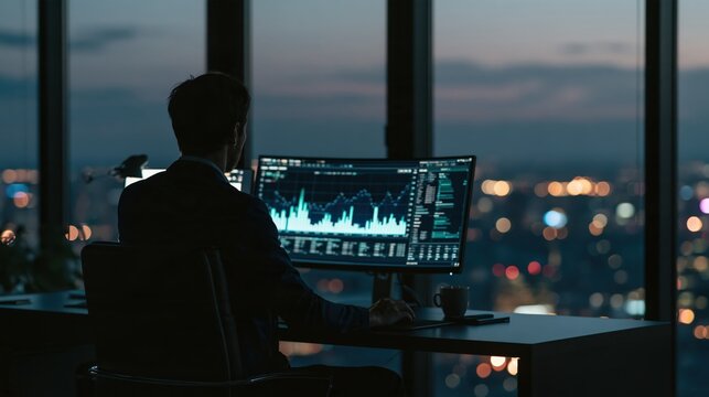 Data analyst seen from behind at a wide dark desk with a monitor of charts overlooking the city at night, with a shallow depth of field