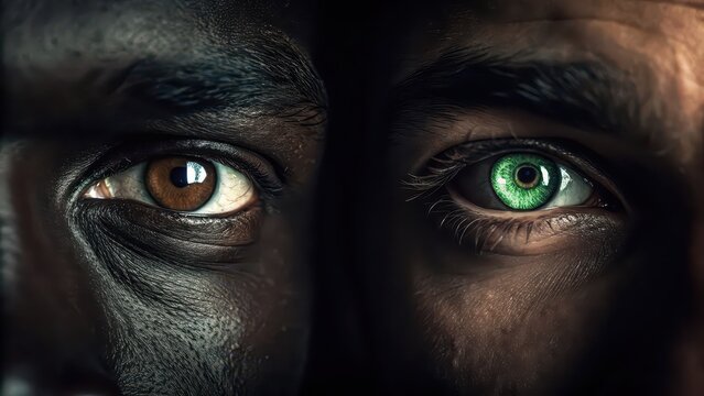 Eyes of two different people in a comparative close-up portrait with dark and green contrasting tones