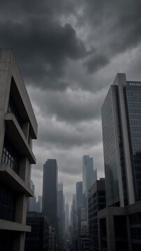 Dramatic Urban Skyline With Tall Skyscrapers Under Dark Clouds In A Moody Atmosphere