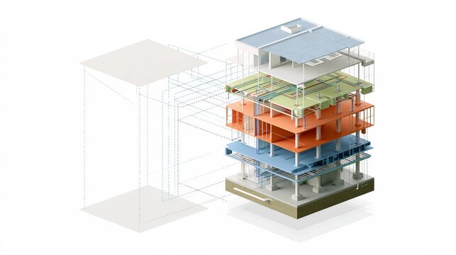 Isometric exploded view of a building separated into floating floors on a white background, with plenty of empty space for text