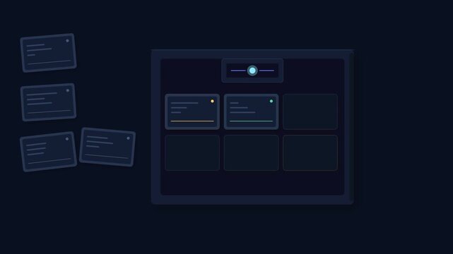 Premium 2.5D animation depicting AI analyzing fragmented data modules, matching their relationships, and assembling them into a coherent structured data architecture with a seamless loop.