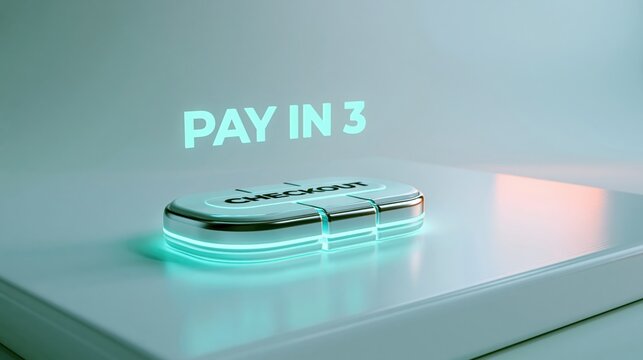 A glowing checkout button with  PAY IN 3  text above it on a minimalist surface