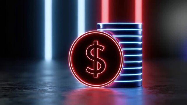 A neon-lit dollar sign coin glows vibrantly in front of a stack of abstract neon cylinders. ..Created with Generative AI, not depicting real subjects.