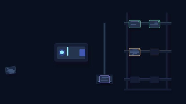 AI Data Shelf: Seamless 2.5D geometric animation of an AI classification and vertical lift system.