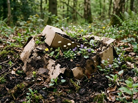 Broken drone parts in a forest underbrush
