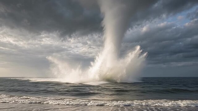 Dramatic Waterspout Emerges from Ocean Under Dark Storm Clouds