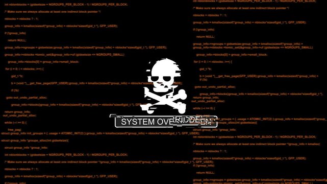 Cyber security warning: system overridden alert with skull and programming code background, hacking system override