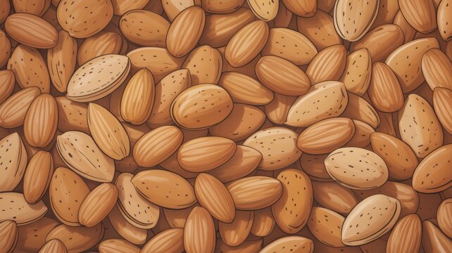 Seamless pattern of scattered healthy almonds on stylized background, nutrition vector illustration