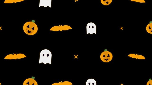 Halloween motion pattern with pumpkins ghosts and bats on black