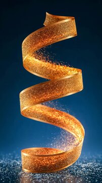 Golden ribbon spiraling through snow particles, blue Christmas background, vertical video