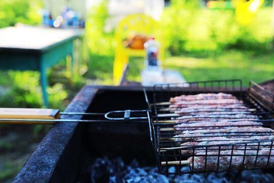 Delicious and juicy barbecue fried on coals in nature during a picnic. High quality photo