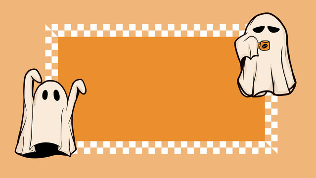 Cute funny ghost drinking coffee background presentation with orange checkered board frame