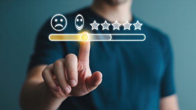 Man Finger Selecting Rating Scale Interface With Emotions And Stars Blue Background
