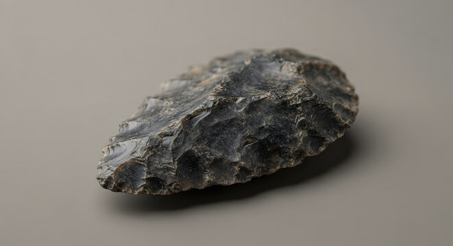 Ancient flint arrowhead, prehistoric stone tool with chipped edges, primitive hand axe of dark grey chert, archaeological artifact for history