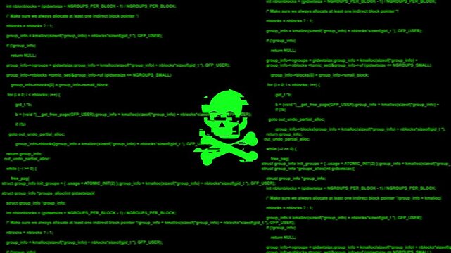 Cyber security threat concept with green skull and scrolling computer code background, hacking programming