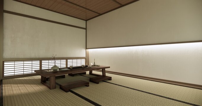 Low table Japanese-style living room evokes the feeling of spring with sunlight streaming into the space.3D rendering