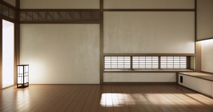 Autumn concept on Japanese room with white wall with maple wood wall design Evokes a sense of warmth, fall background. 3d rendering