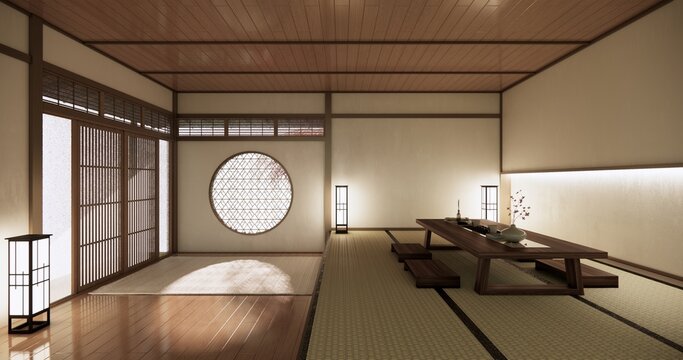 Low table Japanese-style living room evokes the feeling of spring with sunlight streaming into the space.3D rendering