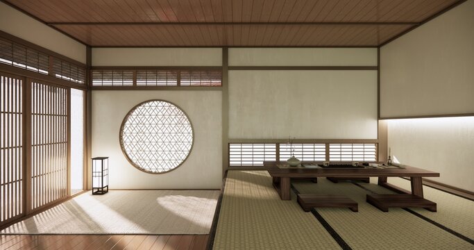 Low table Japanese-style living room evokes the feeling of spring with sunlight streaming into the space.3D rendering