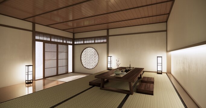 Low table Japanese-style living room evokes the feeling of spring with sunlight streaming into the space.3D rendering
