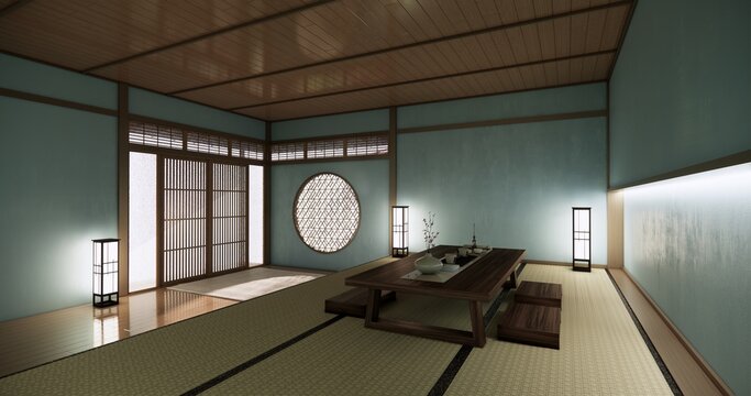 blue room Autumn concept on Living room Japanese style with white wall with floor tatami mat  and table low japan Evokes a sense of warmth, fall background. 3d rendering
