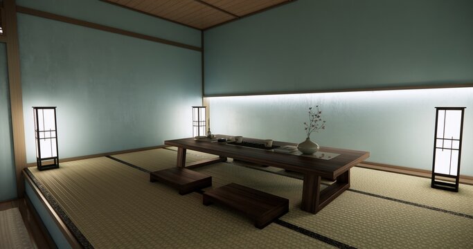 blue room Autumn concept on Living room Japanese style with white wall with floor tatami mat  and table low japan Evokes a sense of warmth, fall background. 3d rendering