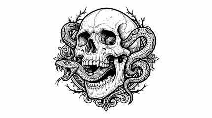 Fototapeta premium Gothic Skull and Snake Vector Illustration with Thorns and Filigree