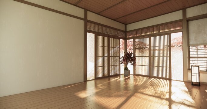 Autumn concept on Japanese room with white wall with maple wood wall design Evokes a sense of warmth, fall background. 3d rendering