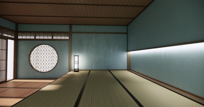 Autumn, Japanese style circular window and Japanese room with tatami mats on the floor and cabinet decor.3D rendering