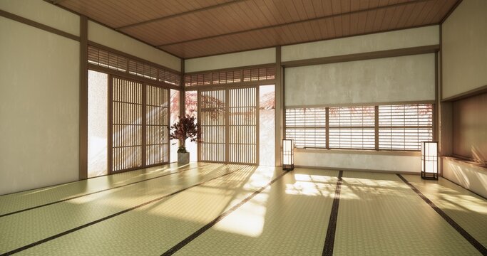 Autumn concept on Japanese room with white wall with maple wood wall design Evokes a sense of warmth, fall background. 3d rendering