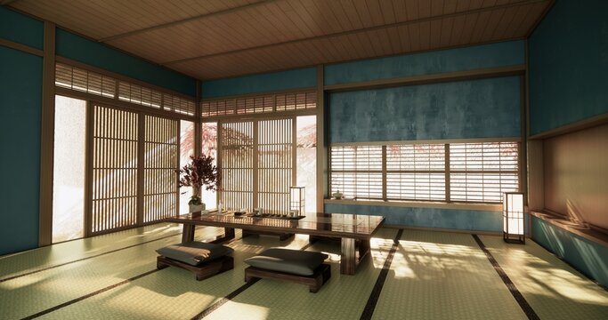 blue room Autumn concept on Living room Japanese style with white wall with floor tatami mat  and table low japan Evokes a sense of warmth, fall background. 3d rendering